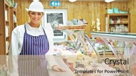  Presentation with sales - Theme featuring deli - female sales assistant in delicatessen background and a soft green colored foreground