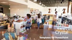  Presentation with customers - Theme enhanced with deli - interior of busy delicatessen background and a violet colored foreground