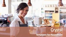  Presentation with employee - Colorful slide deck enhanced with deli - portrait of female employee working backdrop and a coral colored foreground
