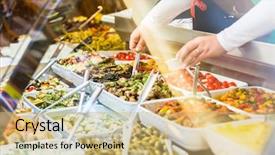  Presentation with appetizers - PPT theme consisting of deli - woman selling meze appetizers background and a coral colored foreground