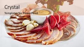  Presentation with beef jerky - PPT layouts with delicacy - various meat delicacies collection background and a coral colored foreground