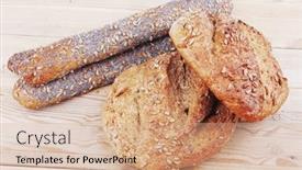  Presentation with gluten free bread on wooden - Audience pleasing presentation design consisting of delicacy french rye breads and baguettes topped with sunflower and poppy seeds over wooden table backdrop and a coral colored foreground