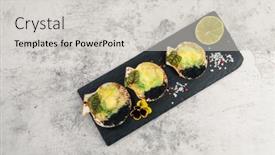  Presentation with cheese - Presentation theme having delicacy-roasted-scallops-with-cheese background and a light gray colored foreground