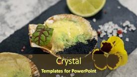  Presentation with algae - Presentation enhanced with delicacy-roasted-scallops-with-cheese background and a tawny brown colored foreground