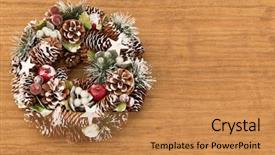  Presentation with pine - Theme consisting of delicate christmas wreath of pine cones on wooden background background and a coral colored foreground