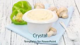  Presentation with yellow oyster mushroom - Amazing PPT theme having delicate mushroom sauce in bowl on wooden table close-up backdrop and a sky blue colored foreground