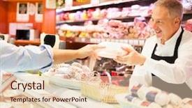  Presentation with grocery store - Colorful slide set enhanced with delicatessen - shopkeeper serving a customer backdrop and a lemonade colored foreground