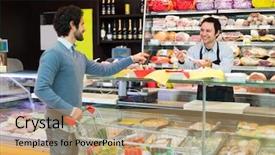  Presentation with grocery store - Slides with delicatessen - shopkeeper serving a customer background and a coral colored foreground