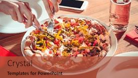  Presentation with appetizer - PPT theme featuring delicious appetizer on white plate with fork and knife in human hands and glass close up background and a red colored foreground