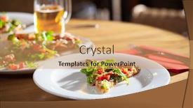  Presentation with appetizer - Slide set consisting of delicious appetizer on white plate with fork and knife on red napkin and glass close up background and a yellow colored foreground