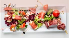  Presentation with appetizers - Amazing PPT theme having delicious-appetizers-at-served-table backdrop and a coral colored foreground