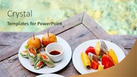  Presentation with appetizers - Presentation having delicious-appetizers-mini-burgers-fruits background and a soft green colored foreground