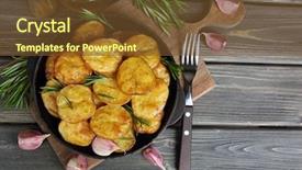  Presentation with frying - Colorful PPT theme enhanced with delicious baked potato with rosemary in frying pan on table close up backdrop and a tawny brown colored foreground