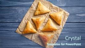  Presentation with wooden - PPT layouts consisting of delicious-baked-samosas-on-wooden background and a ocean colored foreground