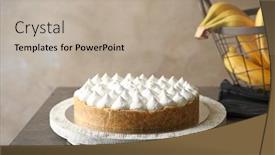  Presentation with banana cake - Amazing PPT layouts having fresh homemade banoffee pie - delicious banana cake on table backdrop and a mint green colored foreground