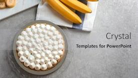  Presentation with banana cake - Slides having fresh homemade banoffee pie - delicious banana cake on table background and a light gray colored foreground