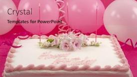  Presentation with birthday cake - Theme featuring delicious beautifully decorated birthday cake and balloons background and a coral colored foreground