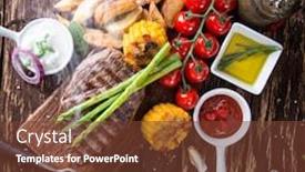  Presentation with steak - Colorful presentation design enhanced with delicious beef steak on wooden table close-up backdrop and a tawny brown colored foreground