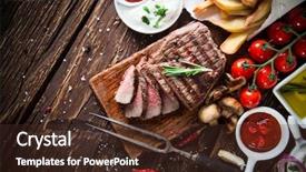  Presentation with beef - Audience pleasing PPT layouts consisting of delicious beef steak on wooden backdrop and a tawny brown colored foreground