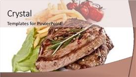  Presentation with steaks - PPT theme consisting of delicious beef steaks isolated on white background background and a soft green colored foreground