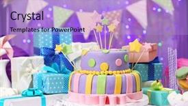  Presentation with birthday cake - Amazing PPT theme having delicious birthday cake on shiny backdrop and a light blue colored foreground