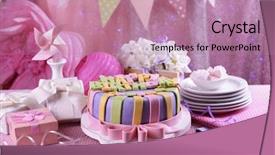  Presentation with birthday cake - Theme with delicious birthday cake on table background and a coral colored foreground