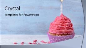  Presentation with birthday cake cupcake - Beautiful presentation design featuring delicious birthday cupcake on wooden backdrop and a light blue colored foreground