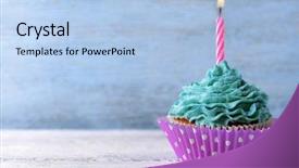  Presentation with birthday cake cupcake - Presentation design with delicious birthday cupcake on wooden background and a light blue colored foreground