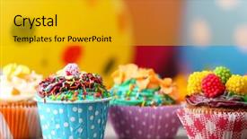  Presentation with cupcakes - Beautiful PPT theme featuring delicious birthday cupcakes on table backdrop and a gold colored foreground