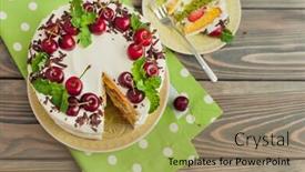  Presentation with biscuit - Amazing theme having delicious biscuit cake with cherries and strawberries on wooden background backdrop and a coral colored foreground