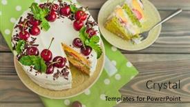  Presentation with biscuit - Beautiful slides featuring delicious biscuit cake with cherries and strawberries on wooden background backdrop and a coral colored foreground