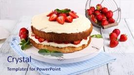  Presentation with biscuit - Presentation design having delicious biscuit cake with strawberries on table on light background background and a light blue colored foreground