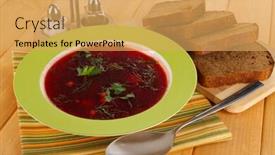 Presentation with big table - Colorful slide set enhanced with delicious-borsch-on-table-close backdrop and a yellow colored foreground