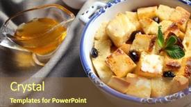  Presentation with pudding - Slide deck with delicious bread pudding with berries in bowl on napkin background and a tawny brown colored foreground