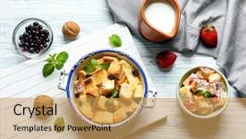  Presentation with pudding - Audience pleasing PPT theme consisting of delicious bread pudding with berries backdrop and a yellow colored foreground