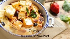 Presentation with pudding - Slide set consisting of delicious bread pudding with berries in bowl on napkin background and a coral colored foreground