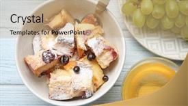  Presentation with pudding - Audience pleasing presentation design consisting of delicious bread pudding with fruits and tea on wooden table backdrop and a coral colored foreground