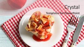  Presentation with pudding - PPT theme enhanced with delicious bread pudding with jam on plate background and a coral colored foreground
