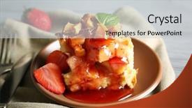  Presentation with pudding - Theme with delicious bread pudding with strawberry and jam on plate background and a light gray colored foreground