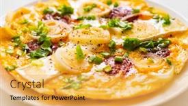  Presentation with camembert - Audience pleasing theme consisting of delicious-breakfast-scrambled-eggs backdrop and a yellow colored foreground