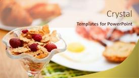  Presentation with corn flakes - Slides having delicious breakfast served corn flakes with berries fried egg bacon toast croissants juice and fresh coffee background and a lemonade colored foreground