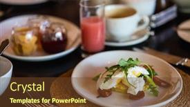  Presentation with bacon - PPT theme consisting of delicious breakfast with eggs benedict bacon orange juice and coffee background and a tawny brown colored foreground