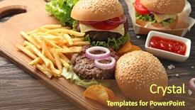  Presentation with burgers - PPT layouts with delicious burgers and snacks on wooden table closeup background and a tawny brown colored foreground