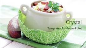  Presentation with chorizo - Theme with delicious cabbage soup with chorizo - food and drink background and a mint green colored foreground