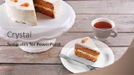  Presentation with tea cake - Presentation theme with delicious carrot cake with tea on wooden table background and a coral colored foreground