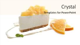  Presentation with cheesecake - Audience pleasing PPT theme consisting of delicious cheesecake slice with oranges on white background backdrop and a blonde colored foreground