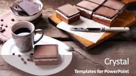 Presentation with coffee chocolate - Slide deck enhanced with delicious chocolate brownies on plate and coffee mug on wooden background background and a violet colored foreground