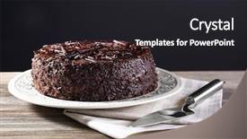  Presentation with blade - Beautiful slide set featuring delicious chocolate cake in plate with napkin and blade on wooden table on dark background backdrop and a dark gray colored foreground