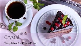  Presentation with cup cake - Presentation theme enhanced with delicious chocolate cake with berries and cup of coffee on table close up background and a light blue colored foreground