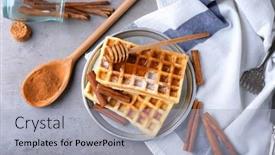  Presentation with waffles - Slide set consisting of delicious cinnamon waffles with honey on table background and a light gray colored foreground